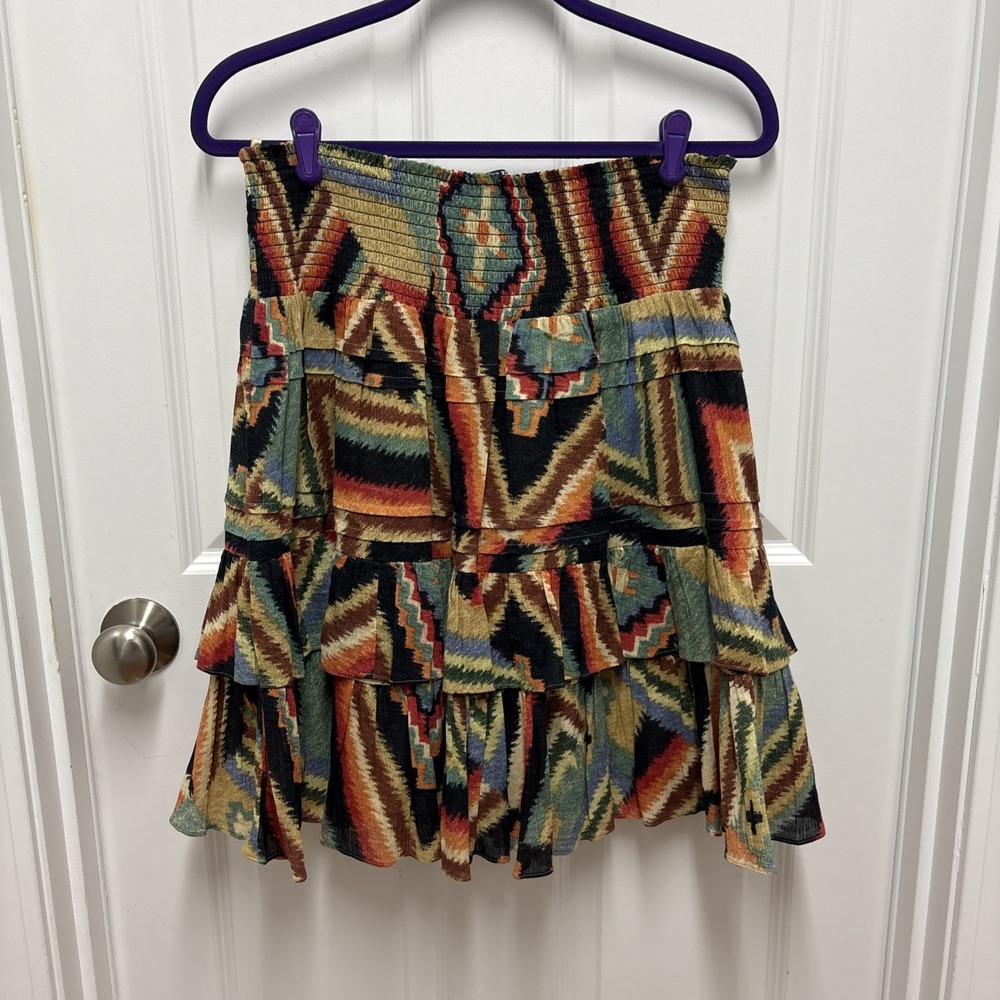 Lauren Ralph Lauren Boho Tiered Smocked Waist Mini Skirt Geometric Print Size 6